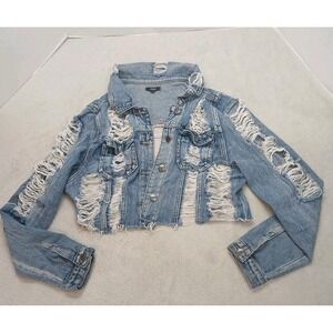 ChiQle Extreme Ripped Cropped  Denim Jacket Women's Size Large Preppy Concert.